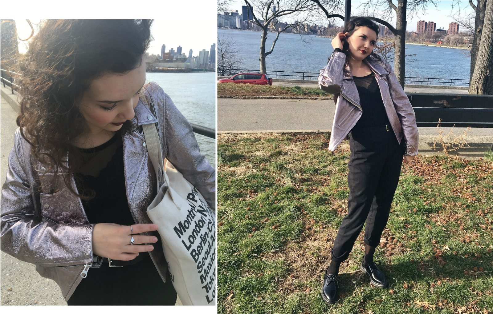 Astoria park, new york city, queens, mcq by alexander mcqueen gun metal leather biker jacket metallic finish, american apparel classic tote bag, brunette, fashion blogger, personal style blogger, brooklyn is burning