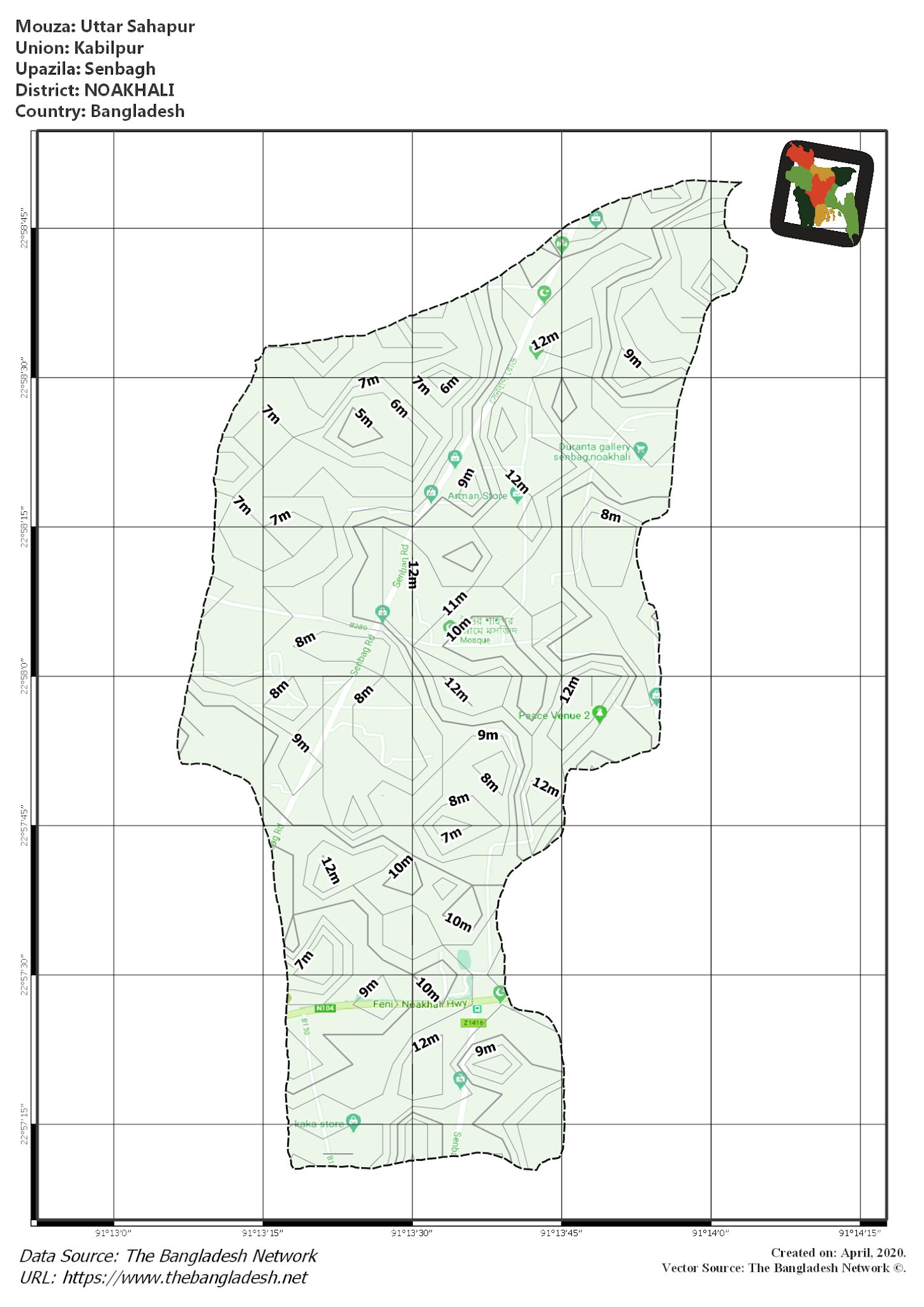 Map of Uttar Sahapur Mouza of Senbagh Upazila, NOAKHALI, Bangladesh.