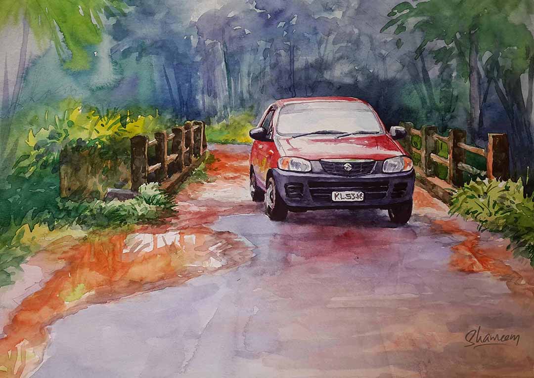 Creative Artist. Shameem alto car on kerala road.watercolor painting
