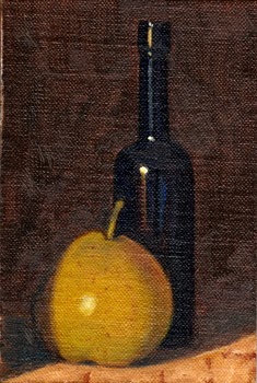 Oil painting of a nashi pear beside a blue castor oil bottle.