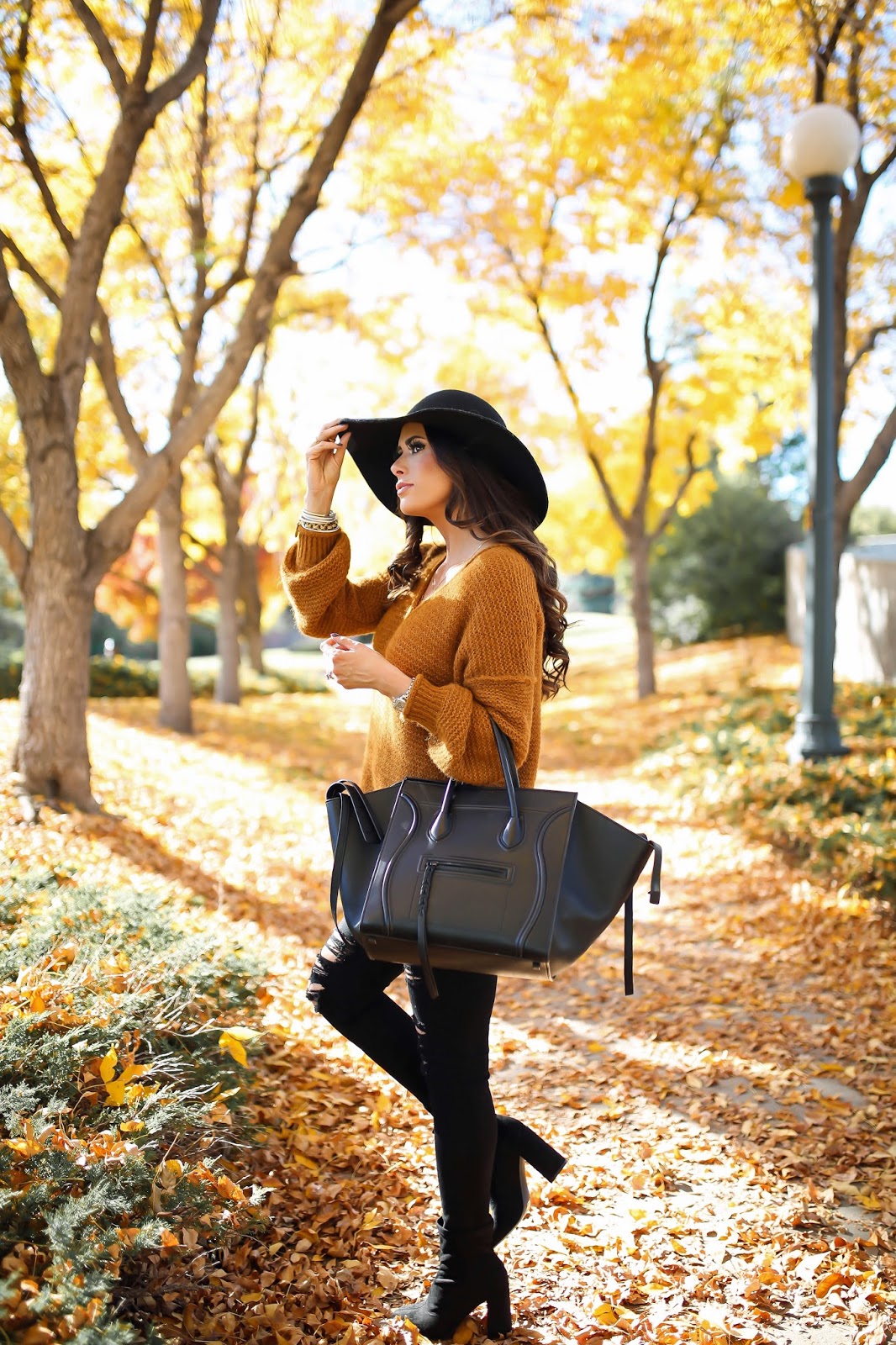 emily gemma, the sweetest thing blog, Fall outfit inspiration 2016, pinterest fall outfit, pinterest fall fashion 2016, pinterest outfits sweaters and floppy hats, how to style floppy hat for fall, best floppy hat for fall, pinterest fall outfits with ripped jeans and sweaters, black celine phantom, Free people sweater, AG jeans black distressed, BCBG booties, black steve madden booties, fall ootd, top fall fashion blogs, denver travel blog, 