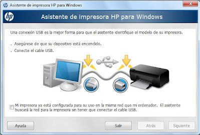 Conexión USB de Asistente de impresoras HP para Windows.