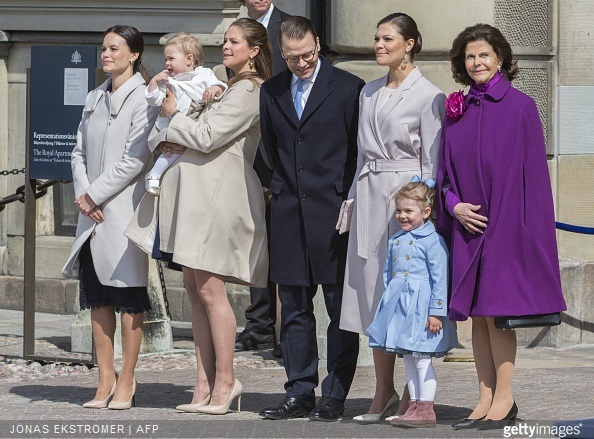 Sofia Hellqvist, fiancee of Prince Carl Philip of Sweden, Princess Leonore, Princess Madeleine, Prince Daniel, Crown Princess Victoria, Princess Estelle and Queen Silvia are pictured during the celebration of the King Carl Gustaf´s 69th birthday at the court yard of the Royal Palace in Stockholm