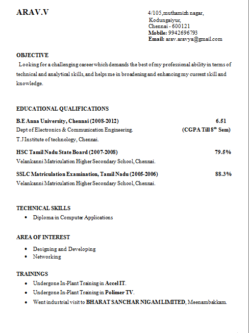 Resume Format Resume Format For 10th Pass Students