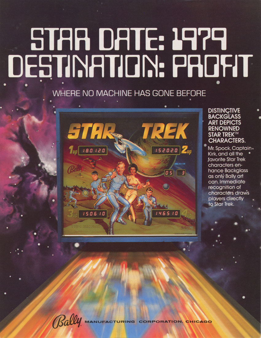Pinball Trek: Flyer de 1979 donde se rescata en gloria y majestad la esencia de la serie para el primer flipper basado en la serie original.