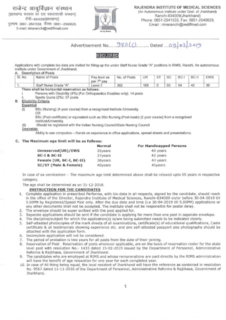 Staff Nurse 2 posts in RIMS, Ranchi, Jharkhand