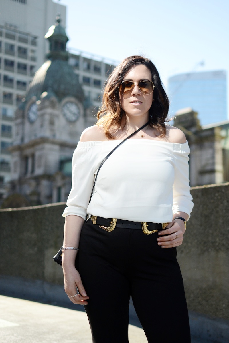 Spring date outfit idea off the shoulder top and flared trousers Vancouver fashion blogger Le Chateau