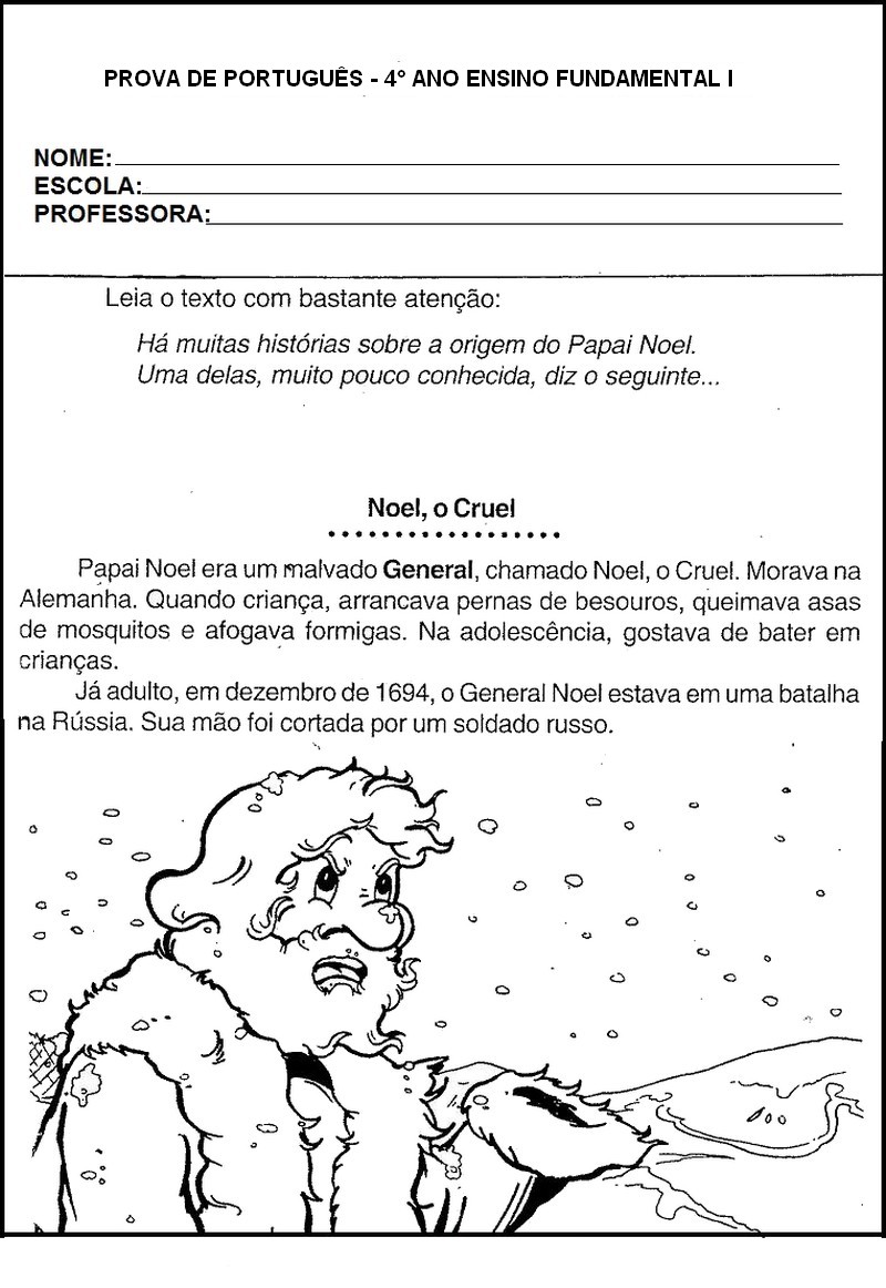 PROVA DE PORTUGUÊS COM TEXTO DE NATAL 4 ANO.