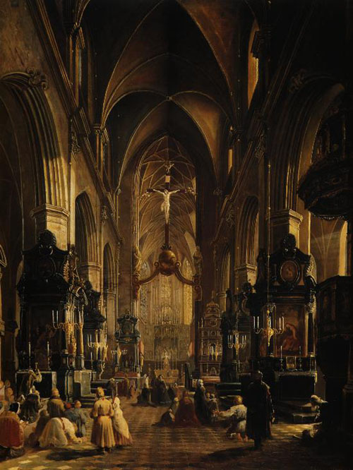 Wnętrze Kościoła Mariackiego w Krakowie (Aleksander Gryglewski, 1858) [źródło: http://www.malarze.com, Public Domain].