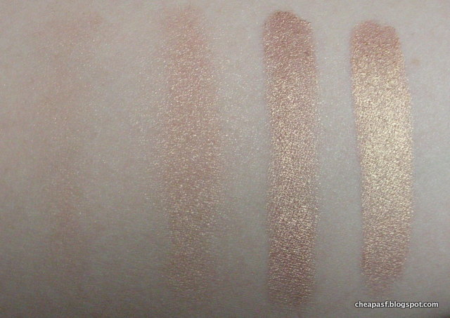 Swatches of e.l.f. Baked Eyeshadow in Enchanted (left to right): dry, dry with primer,  wet brush with e.l.f. Lock and Seal, wet brush with water