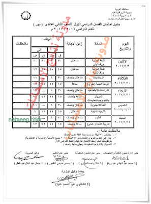 جدول امتحانات نصف العام بمحافظة الغربيه 2017 للصف الثالث الاعدادى جدول امتحانات محافظة الغربيه الترم الاول 2017 جميع المراحل التعليميه