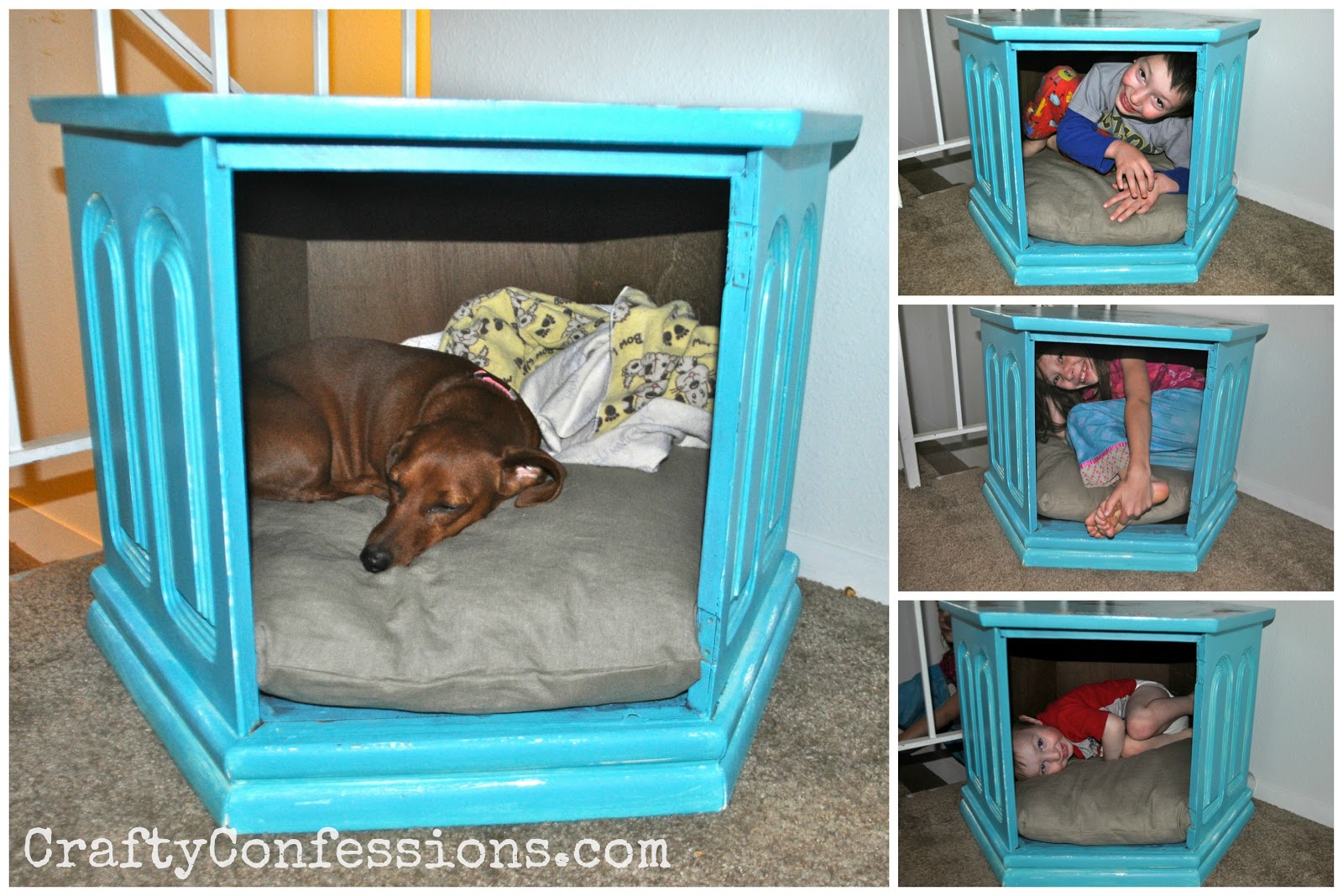 Crafty Confessions of a Brainy Mom Repurposed Side Table to Chic Dog Bed