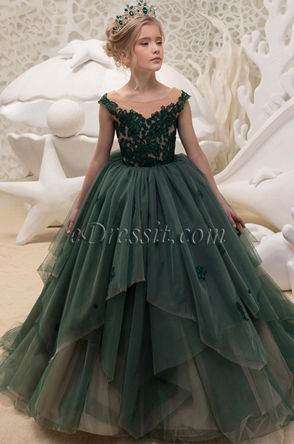 empire layered skirt lace embroidery green flower girl dress