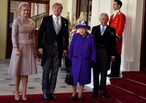Queen Elizabeth II, Prince Charles and Camilla, Duchess of Cornwall. state banquet at Buckingham Palace. Maxima wore a new jacket by Claes Iversen