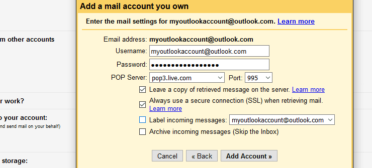 Outlook POP3 settings within Gmail account
