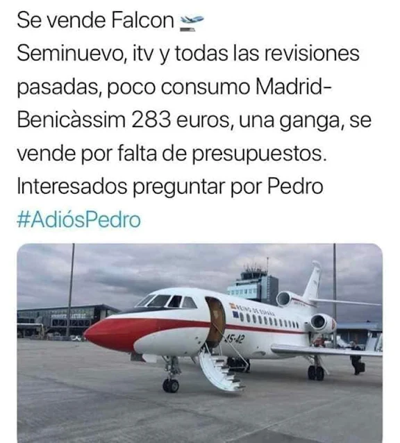 Se vende Falcon, seminuevo, itv y todas las revisiones pasadas, poco consumo, Madrid - Benicàssim 283 euros, una ganga, se vende por falta de presupuestos. Interesados preguntar por Pedro #AdiósPedro Se vende Falcon, seminuevo, itv y todas las revisiones pasadas, poco consumo, Madrid - Benicàssim 283 euros, una ganga, se vende por falta de presupuestos. Interesados preguntar por Pedro #AdiósPedro
