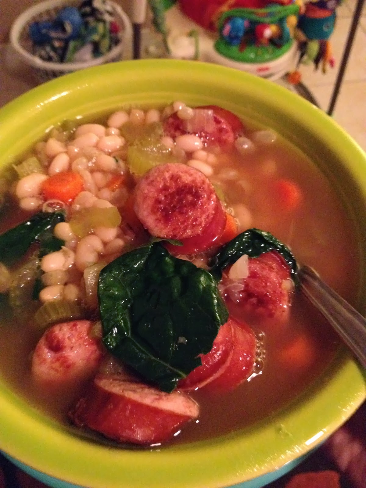 My Salty Kitchen White Bean, Kielbasa, and Kale Soup