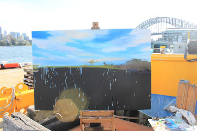 Starting a large plein air painting of Goat Island from Moore's Wharf by artist Jane Bennett