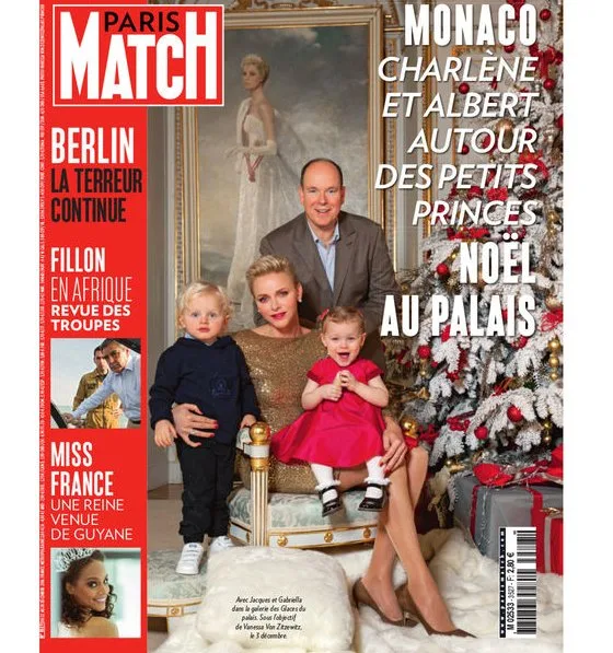 Prince Albert, Princess Charlene and their twins Prince Jacques and Princess Gabriella on French magazine Paris Match. Princess Charlene wore Ralph Lauren Backless Sequin Dress