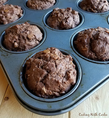Nutritious delicious and oh so good. Finally you can make chocolate peanut butter muffins and eat them too, guilt free! chocolate sourdough muffins with peanut butter chips in muffin pan