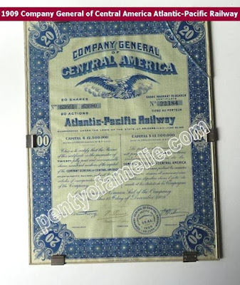 1909 Company General of Central America Atlantic-Pacific Railway 20 Shares $100 Paris 1909 Company General of Central America Atlantic-Pacific Railway authentic Cert. of 20 Shares $100