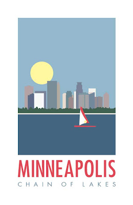 illustrated poster of Minneapolis skyline and lake