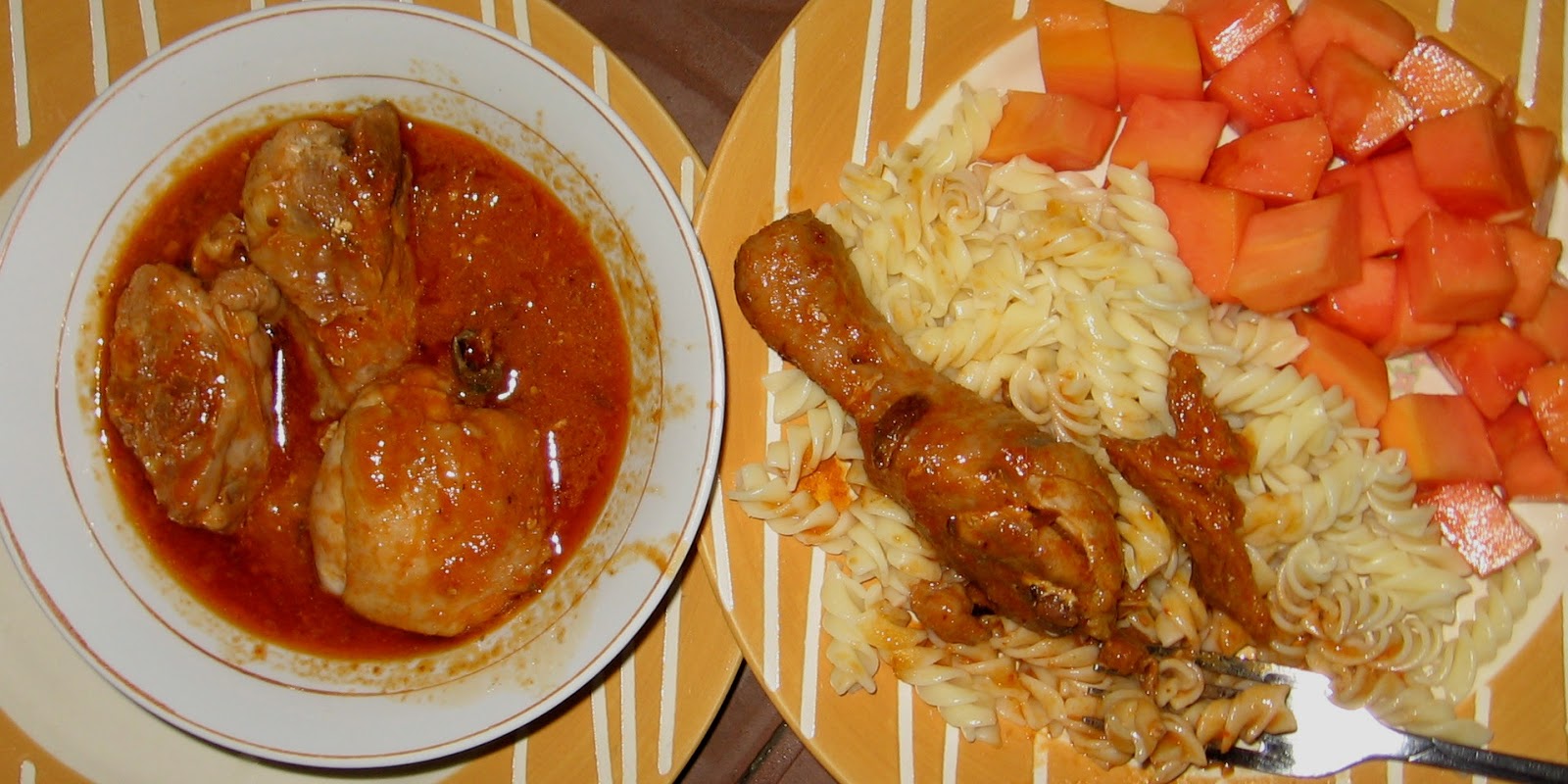 Chicken Stew With Boiled Macaroni And A Side Of PawPaw
