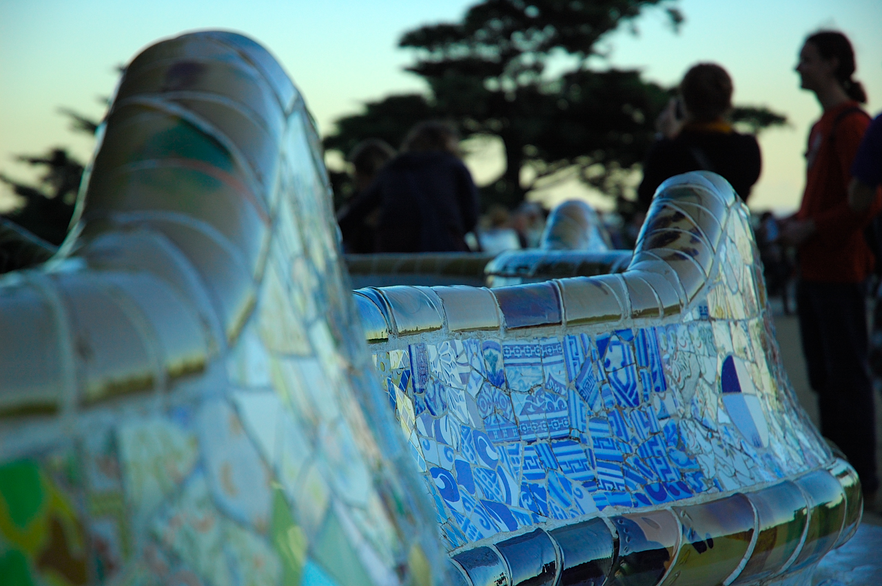 Serpentine Bench with Trencadis mosaic detail in Park Guell by Barcelona Photoblog