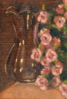 Oil painting of a glass vase alongside pink flowers.
