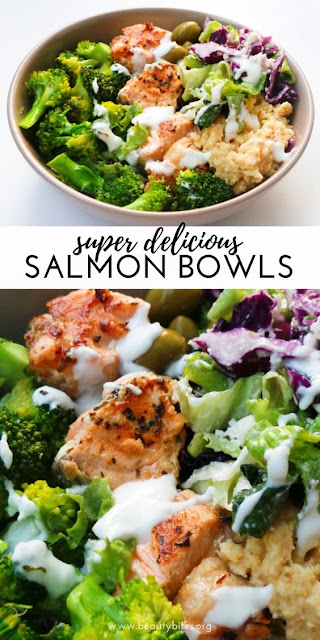 Mediterranean Salmon Bowl | Medìterranean salmon bowl – a healthy easy dìnner recìpe that ìs full of flavor, super satìsfyìng and ready ìn around 30 mìnutes. To make thìs low-carb / keto use low-carb hummus ìnstead of regular hummus. #dinner #lowcrab #salmon #healthy #recipe Mediterranean Salmon Bowl