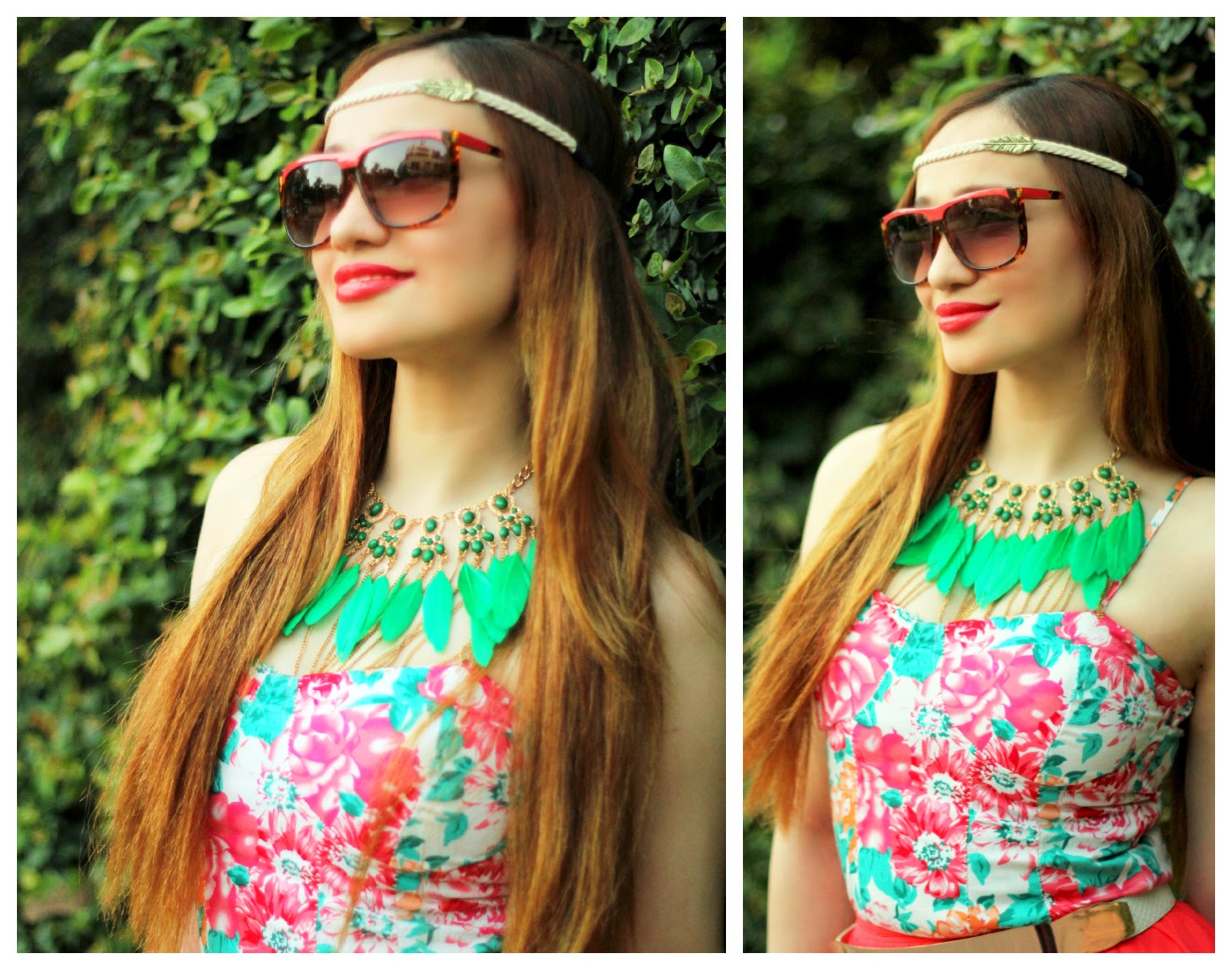 Floral Top, Green Feather Necklace & Leaf Head-band