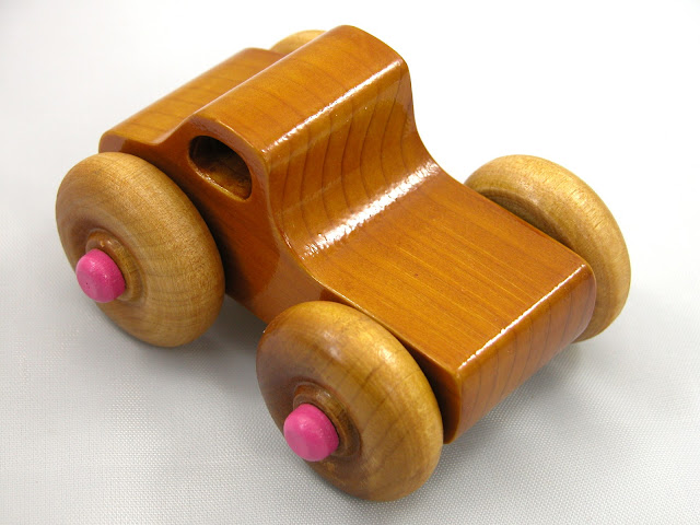 Handmade Wooden Toy - Play Pal - Monster Truck - Pink Hubs - Amber Shellac - Pine