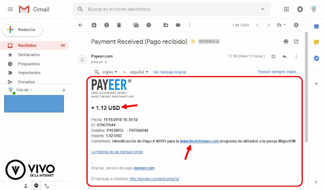 Notificación de Payeer en el correo de pago recibido.