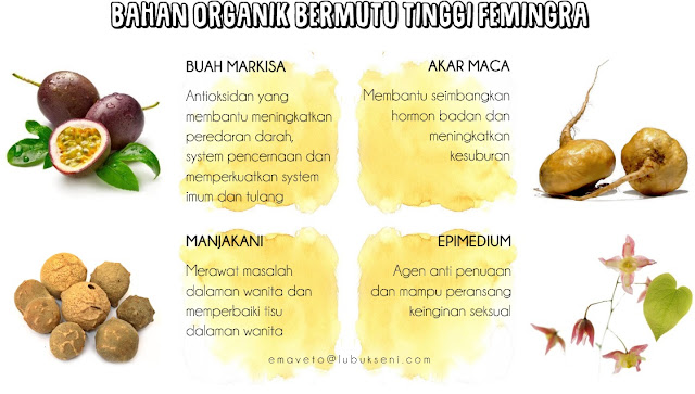 BAHAN ORGANIK BERMUTU TINGGI FEMINGRA _ BUAH MARKISA _ MANJAKANI _ AKAR MACA _ EPIMEDIUM BAHAN ORGANIK BERMUTU TINGGI FEMINGRA _ BUAH MARKISA _ MANJAKANI _ AKAR MACA _ EPIMEDIUM
