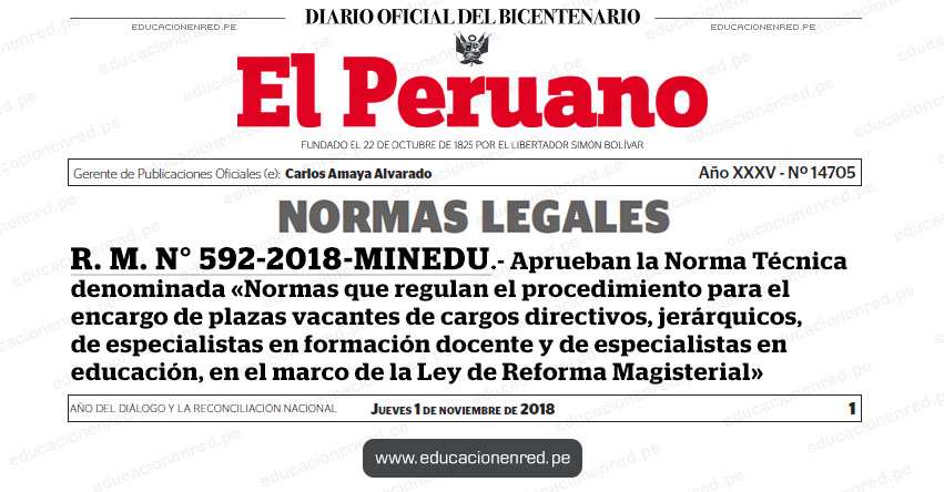 R. M. N° 592-2018-MINEDU - Aprueban la Norma Técnica denominada «Normas que regulan el procedimiento para el encargo de plazas vacantes de cargos directivos, jerárquicos, de especialistas en formación docente y de especialistas en educación, en el marco de la Ley de Reforma Magisterial» www.minedu.gob.pe R. M. N° 592-2018-MINEDU - Aprueban la Norma Técnica denominada «Normas que regulan el procedimiento para el encargo de plazas vacantes de cargos directivos, jerárquicos, de especialistas en formación docente y de especialistas en educación, en el marco de la Ley de Reforma Magisterial» www.minedu.gob.pe