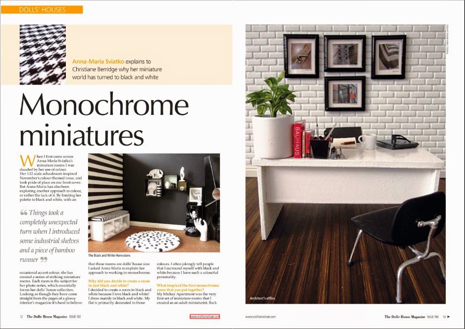 Two page spread of an article 'Monochrome miniatures' about my work in the May 2014 issue of The Dolls' House Magazine.