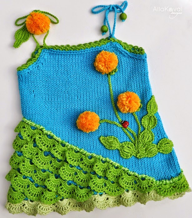 Solera niña tejida con dos agujas decorada apliques al crochet - diagrama y patrón