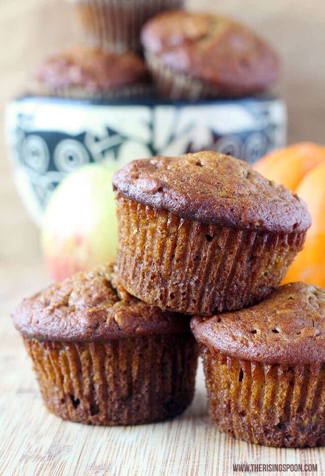 A healthy pumpkin apple muffin recipe that's incredibly moist and chock-full of fragrant pumpkin pie spice, cinnamon & nutmeg. Pumpkin puree and applesauce lend moisture while the oats, apple chunks, and cranberries provide a bit of texture. These are basically like fall in a muffin!