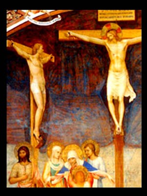 Jesús crucificado. A su derecha en otra cruz San Dimas. Abajo las santas mujeres y San Juan.