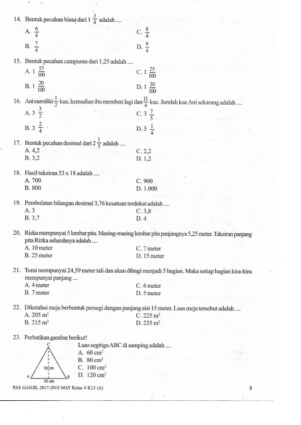SOAL UAS GANJIL MATEMATIKA SD KELAS 4 TAHUN 2017