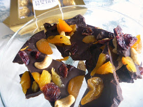 French Chocolate Bark:  Dried apricots, cranberries, and dried cranberries top a mixture of dark and semi-sweet chocolate.  Deep and rich with sweet, tart, and crunchy bites!  WOW! - Slice of Southern