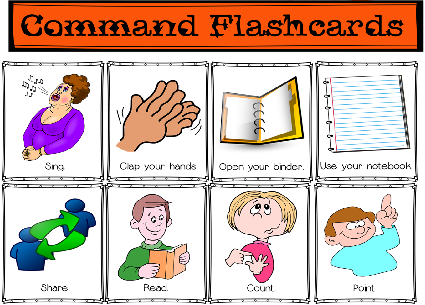 Commands for Kids. Classroom Commands for Kids. Commands in English for Kids. Command Flashcards for Kids. Listen read repeat