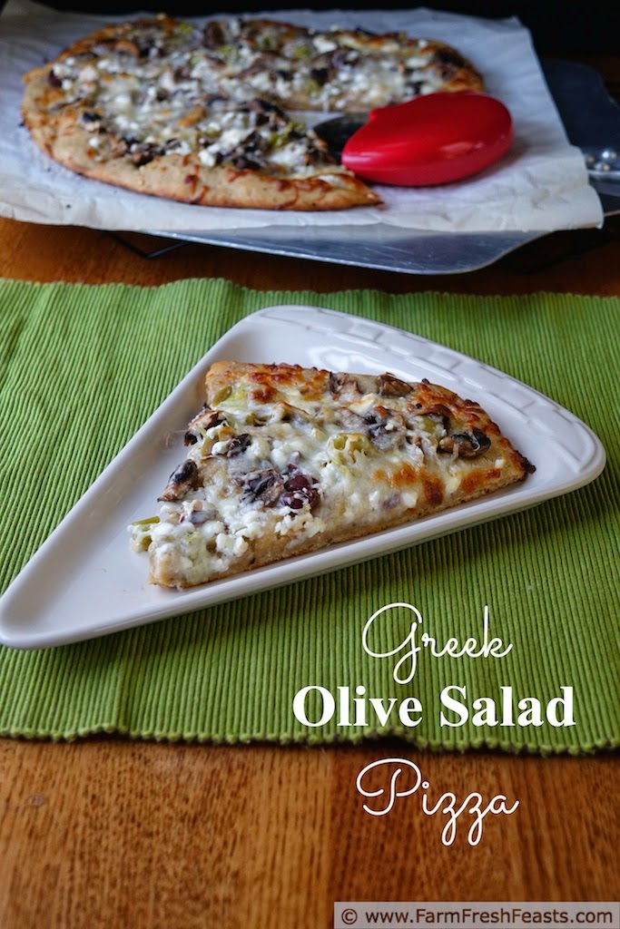 A recipe for vegetarian pizza topped with olives, sautéed mushrooms, feta and fontina cheese. Sounds gourmet but you'll make it at home!