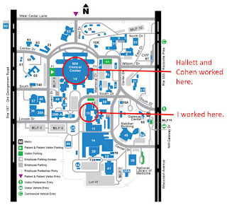 ﻿﻿A map of the National Institutes of Health campus in Bethesda, Maryland. I worked in Building 13. Hallett and Cohen worked in Building 10 (the NIH Clinical Center).