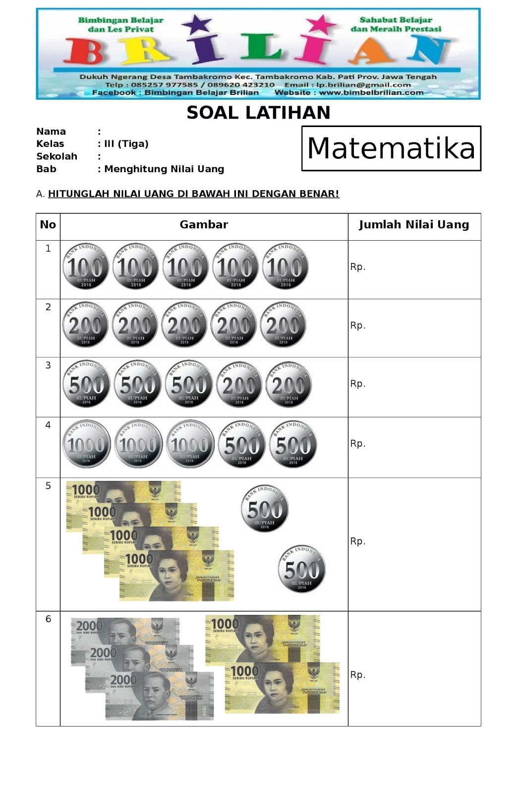 soal matematika kelas 3 sd bab uang soal matematika kelas 3 sd bab uang