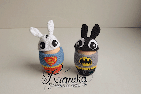 Easter egg cozies inspired by Batman and Superman - Bunnys as superheroes Bunnyman and Superbunny crochet free pattern