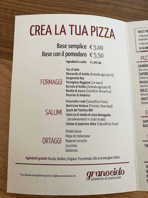 creare menu personalizzati per pizzerie