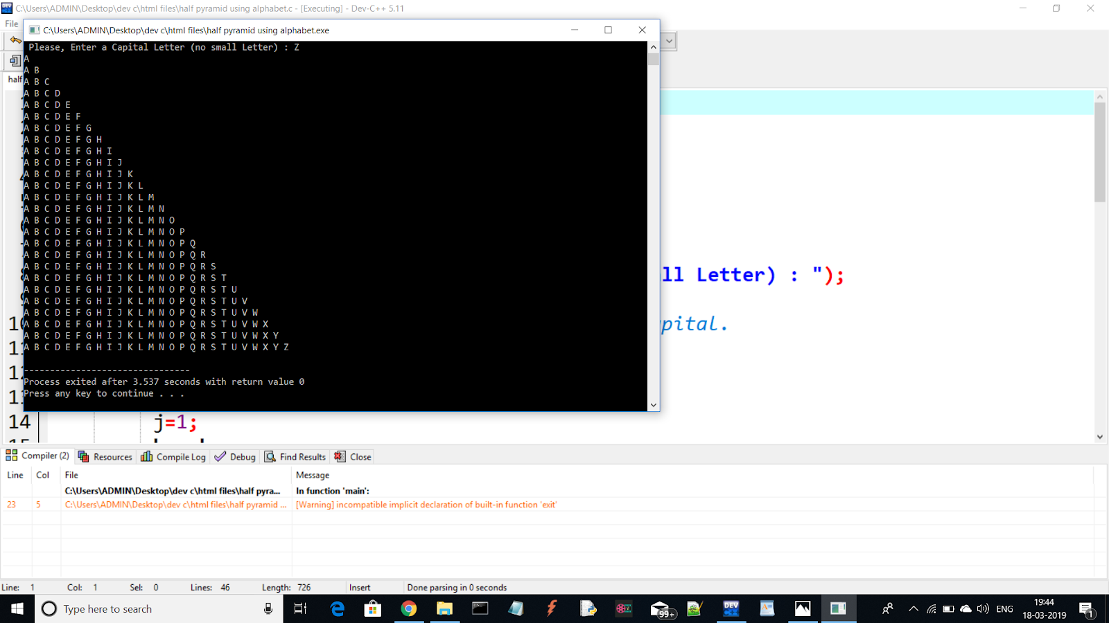 Half Pyramid Using ABC (alphabets) in C-language