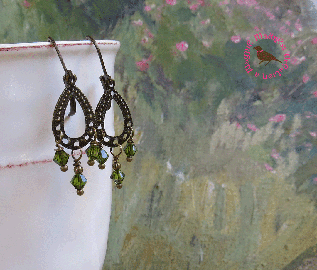 Magpiemadness Olive Green Pearl Earrings Crystal In The Popular Olive Green And Hung From Hypoallergenic Antiqued Brass Leverback Wires Top Of Earrings Fall 1 75 Inches