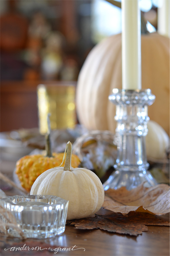 Collection of glass candlesticks and pumpkins in Thanksgiving centerpiece | www.andersonandgrant.com